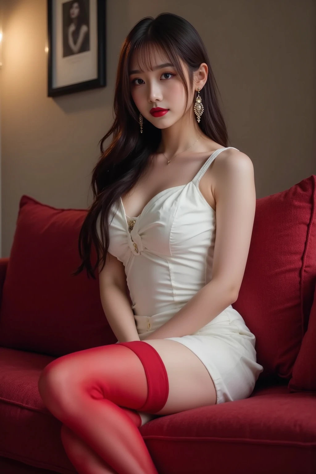 G-cup,gigantic cleavage breasts:0.6,In black suit,White color blouse,Slightly exposed,Black hip skirt,Superskirt,A-line skirt,white panties,She wears black pantyhose on her legs,high-heels,Wearing glasses,Sit on the couch in the office,The beauty of mixed races,huge size eyes,Very white skin,lips in red,Pure and cute appearance,face round,being thin,Very skinny,The legs are thin,legs are open,M-shaped legs,Smooth skin,The face is a little rosy,Lips slightly open,Diamond stud earrings,Black lace collar