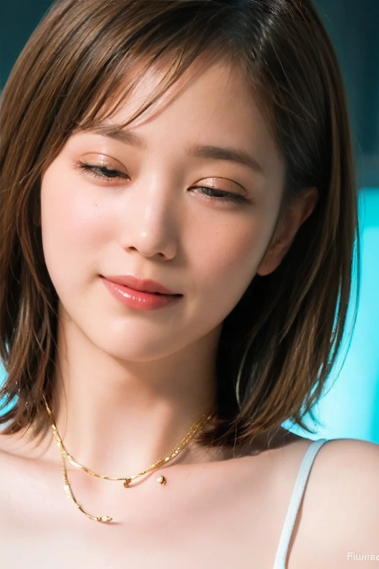 ((Highest quality, 8k, realistic photographic expression、masterpiece: 1.3))、((Slender body:1.4))、(((Beautiful middle-aged woman、50 year old Japanese matomically correct face、charisma)))、(Slim and toned waist:1.3),(((Very large sagging breasts)))、((A lot of brown hair、Messy short hair))、(())、((Satin lingerie with lace))、Perfect Makeup、((A refreshing smile:1.2))、Thin legs, Small face with pointed chin、Rough skin、Long droopy eyes、(Wrinkles around the eyes:1.4)、necklace, (Professional cool lighting:1.3)、(Upper body shot:1.2)、cool and simple dark wall background、