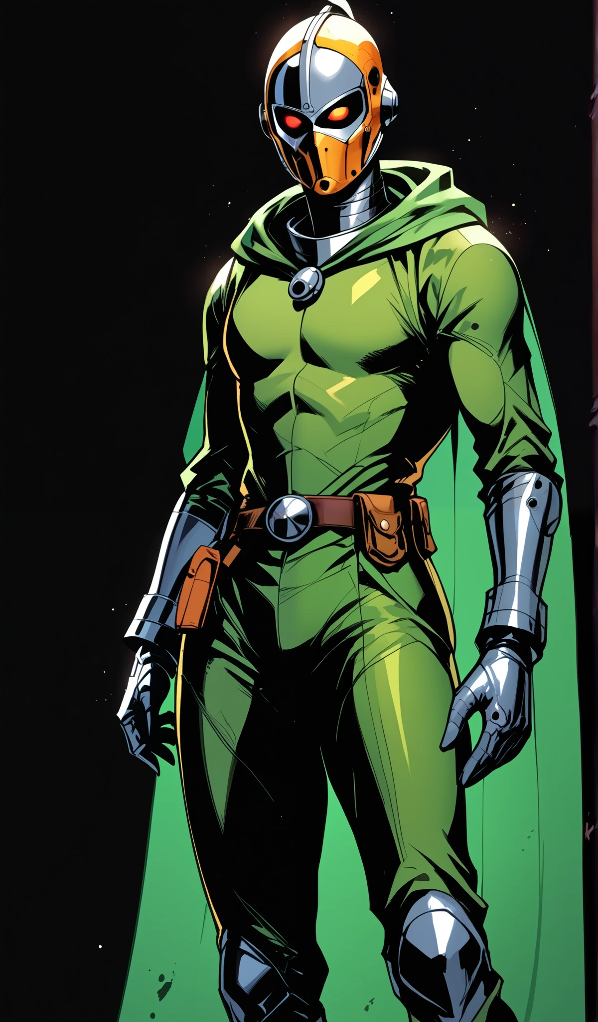Drawn in 80’s anime art style. 
Retro anime. Vintage Anime. Classical Anime. 

The outfit is a highly recognizable and iconic superhero suit, primarily green and black, designed for both style and functionality. Here’s a detailed breakdown of its elements:

This person’s combat attire is a fusion of medieval warlord aesthetics, cutting-edge technology, and dark sorcery. He wears a cold, expressionless metal mask fused to his scarred face, paired with a reinforced helmet for added protection. His titanium alloy armor, sometimes infused with vibranium, grants superhuman strength, energy projection, and force field generation, making him nearly indestructible. Over this, he dons a fire-resistant green cloak and hood, often enchanted for extra defense. His gauntlets and boots contain built-in electrical weapons, jet propulsion for flight, and shock-absorption systems. A utility belt holds advanced gadgets, anti-magic tools, and teleportation devices, while his armor is infused with sorcery, allowing him to resist and counter magical attacks. His regal golden clasps, bearing the Latverian insignia, sometimes function as power sources or communication devices. This fearsome combination of strength, science, and sorcery makes them an unstoppable force on the battlefield.

This outfit not only provides protection but also enhances the Superhero’s combat capabilities, making them an effective and stylish anti-hero.