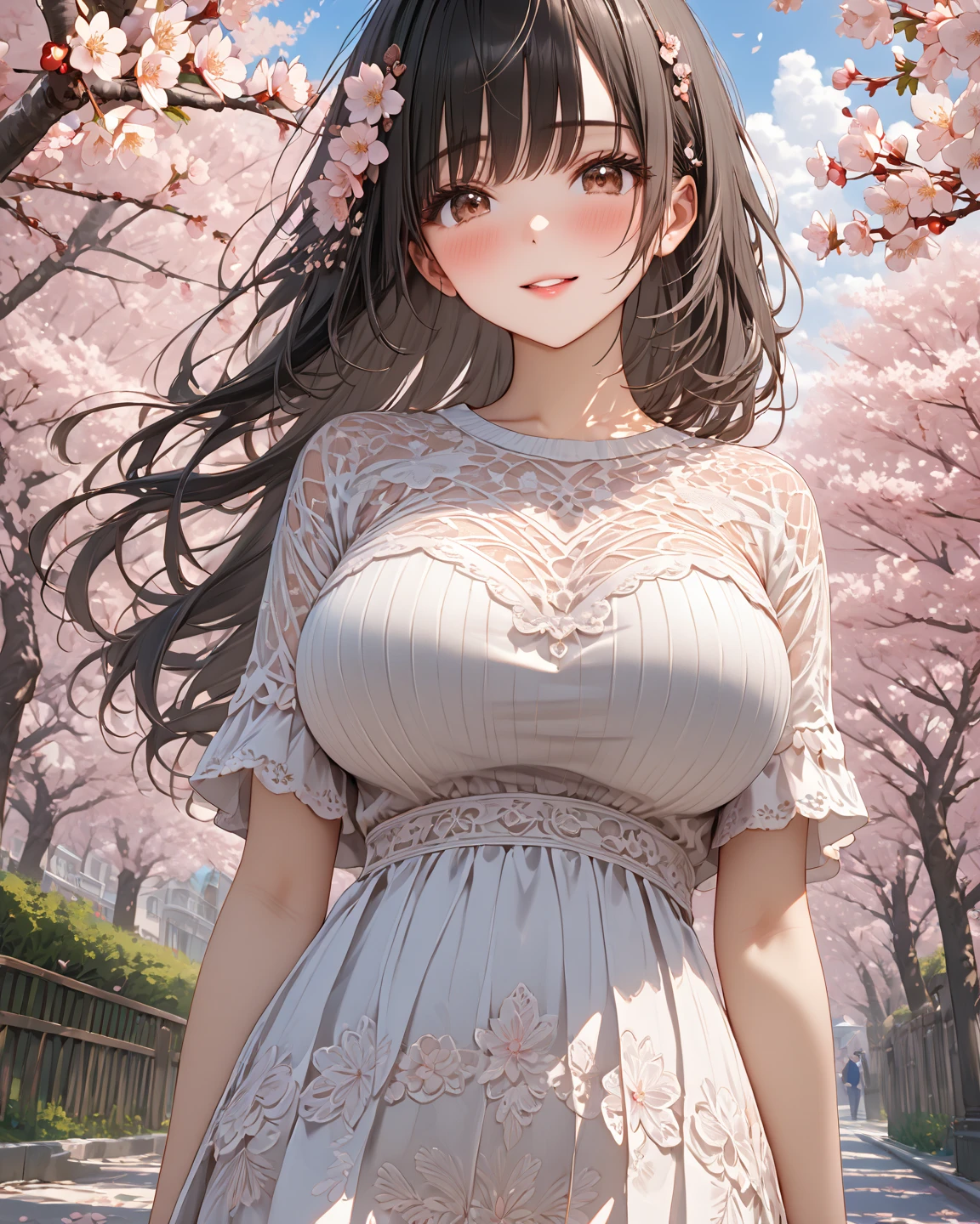 (absurd res, A high resolution, ultra - detailed, hyper HD, Cinematic), Alone, 1个Giant Breast Girl, mature, Happy, (huge breasts:1.5),girl standing in light blues flower field, light blues flower petal surrounding girl, full bodyesbian, Black long-haired girl, light black hair, fanciful, dream-like, Snowy Land, offcial art, trending art, contours, ultra - detailed face, ultra - detailed red eyes, light blues flower field, ultra - detailed field, The white blue sky, Cold, light blues, The white, Nebula in the sky, blue tree, aquarelle, pastel colour