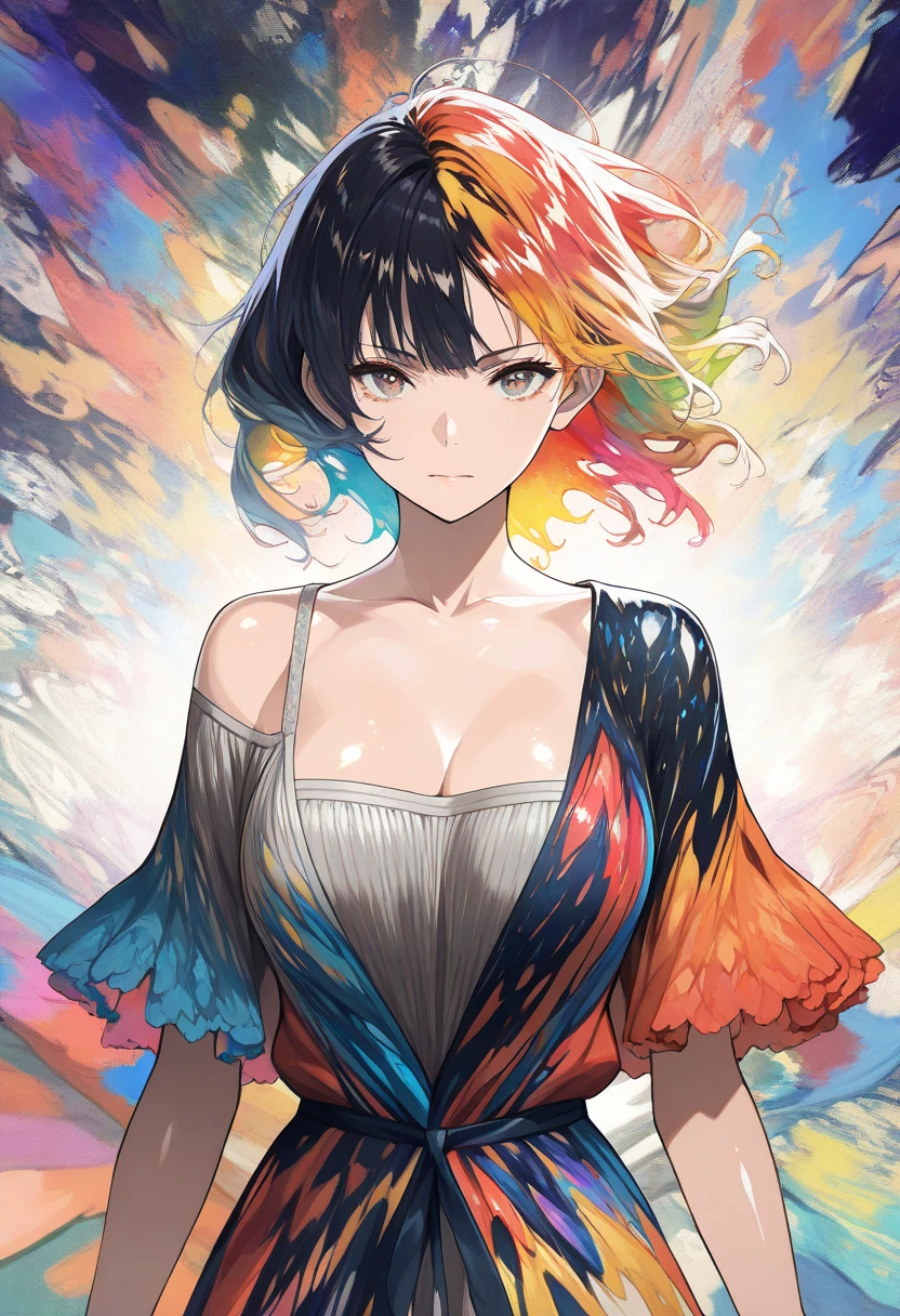Girl with different colour eyes red and yellow
{{masterpiece}}, best quality, extremely detailed CG unity 8k wallpaper, cinematic lighting, lens flare, beautiful detail eyes, black, side glance, multicolor hair, colorful light, particles, heterochromia, (colorful:1.5), (colorful hair:1.5),