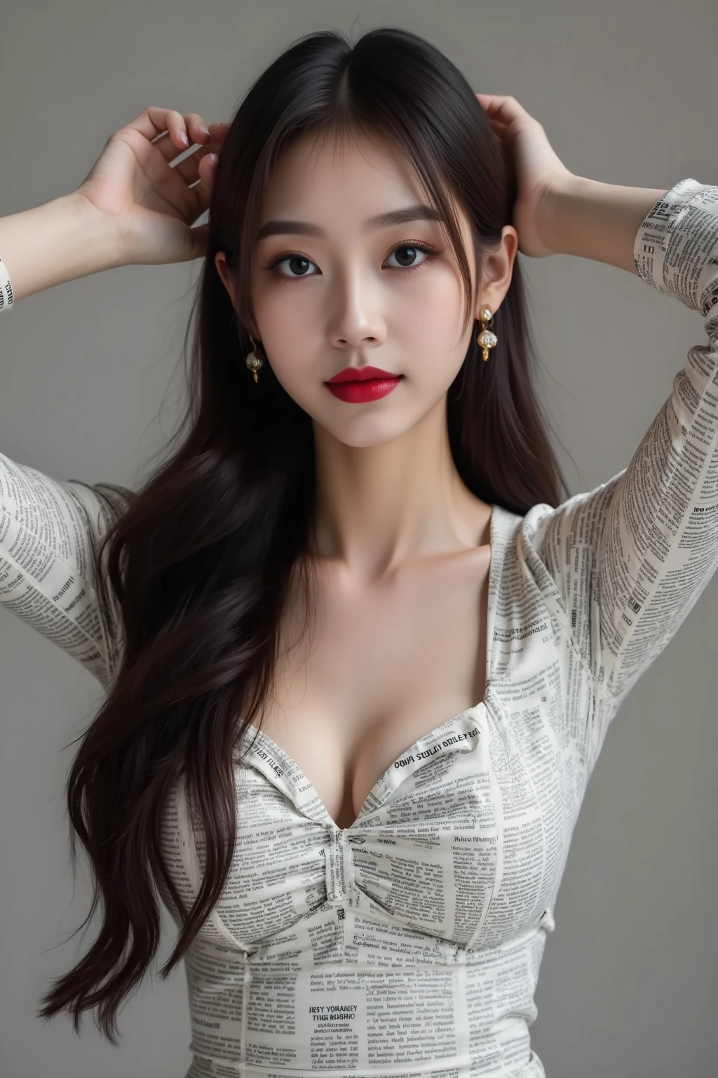 close-up of beautiful korean female, 34 inch breasts size, slicked hair back, wearing crop top necklace, in the car park, cinematic scene, UHD 
