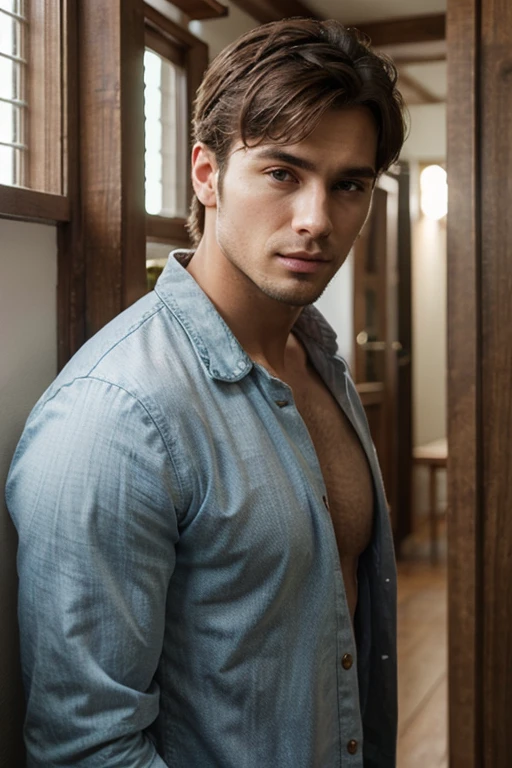 Young handsome cute face shirtless knitting clothes with grandmother