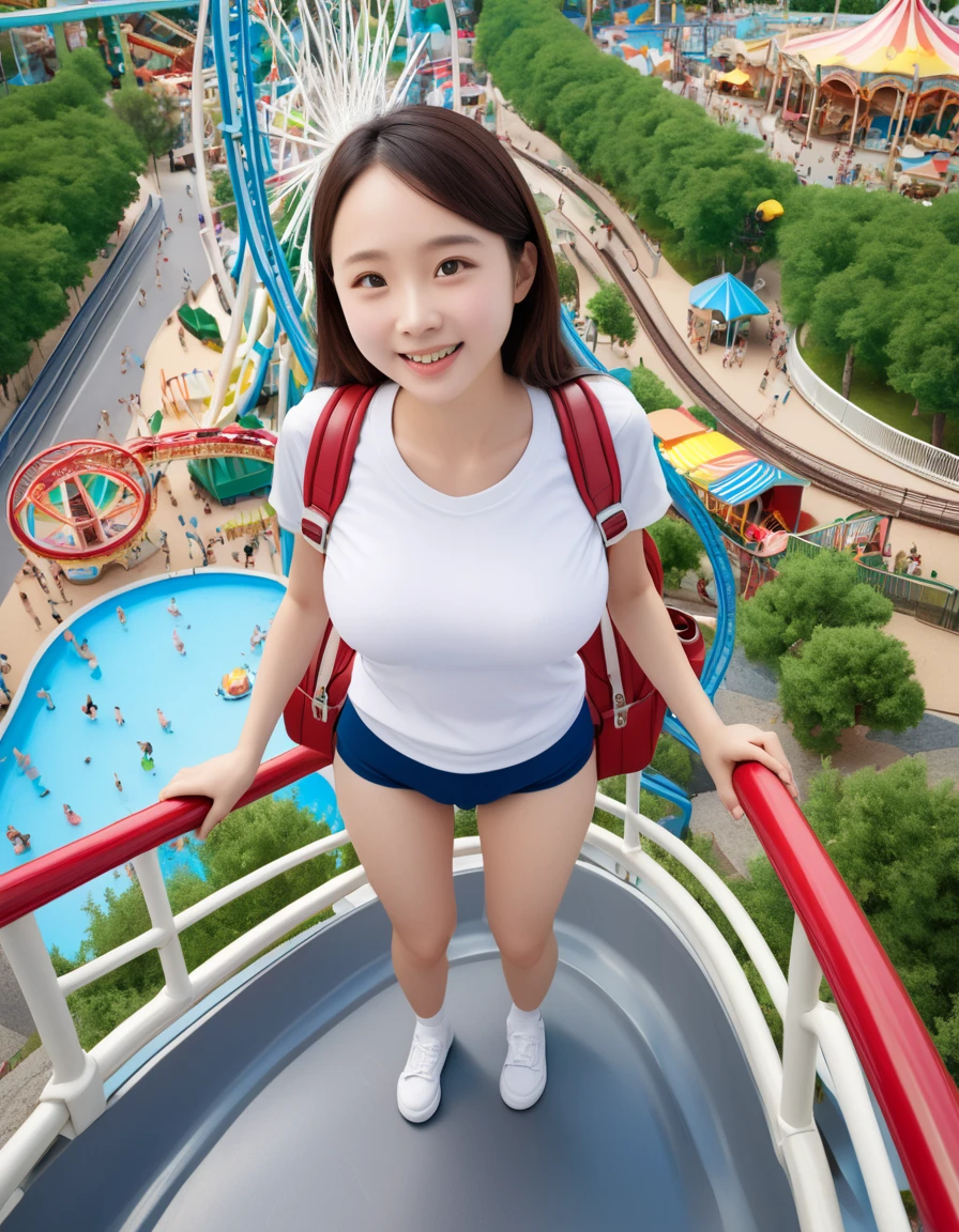 1girl, Japanese solo wife, friendly, smile, large breast, (navy buruma panty:1.2), (white short sleeve  gym uniform with colored hem:1.2), (red randoseru backpack:1.2), <lora:RanburuXLv10:1>, enjoying amusement park, roller coasters, Ferris wheel, fountain, view from above,
8k, RAW, best quality, ultrarealistic, photorealistic, natural skin, detailed skin, (skindentation:0.3)