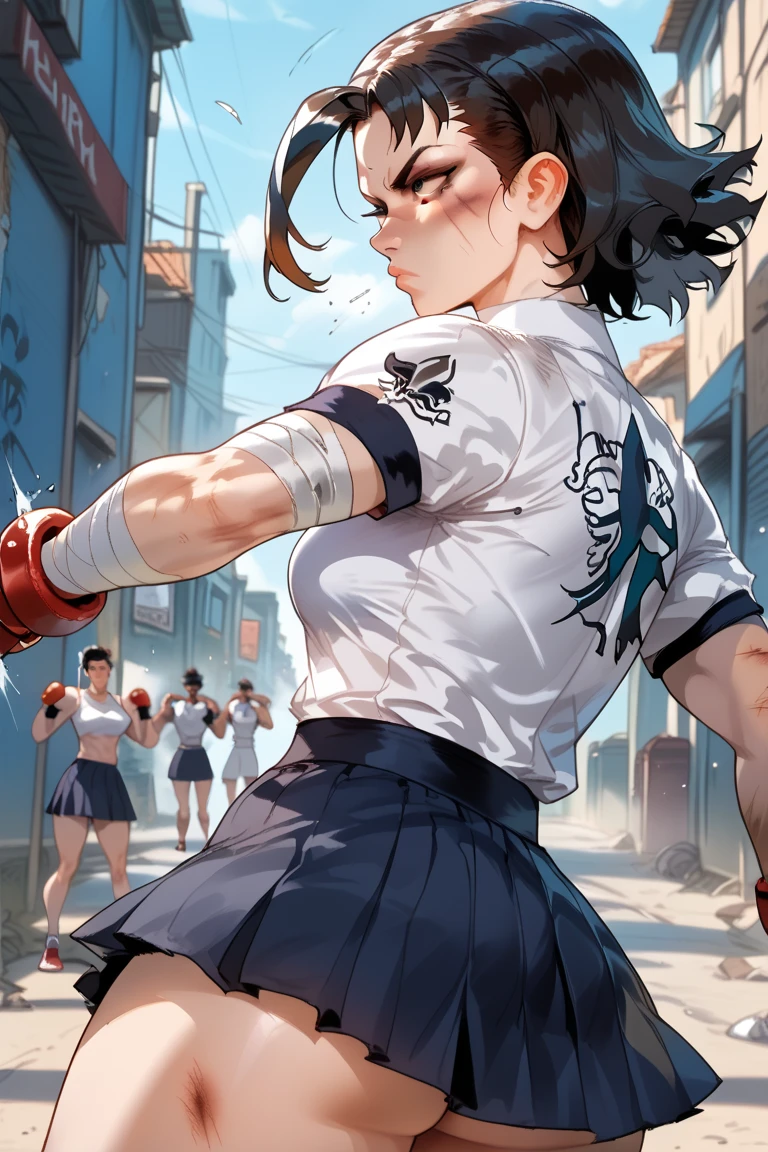 karate uniform girl standing again giant monster, epic atmosphere, hyper detailed intricate, aura, particles, thunder, sparkle, evil smile, serious, (punch:1.1), floating hair, short messy hair, aura, (portrait:0.8)