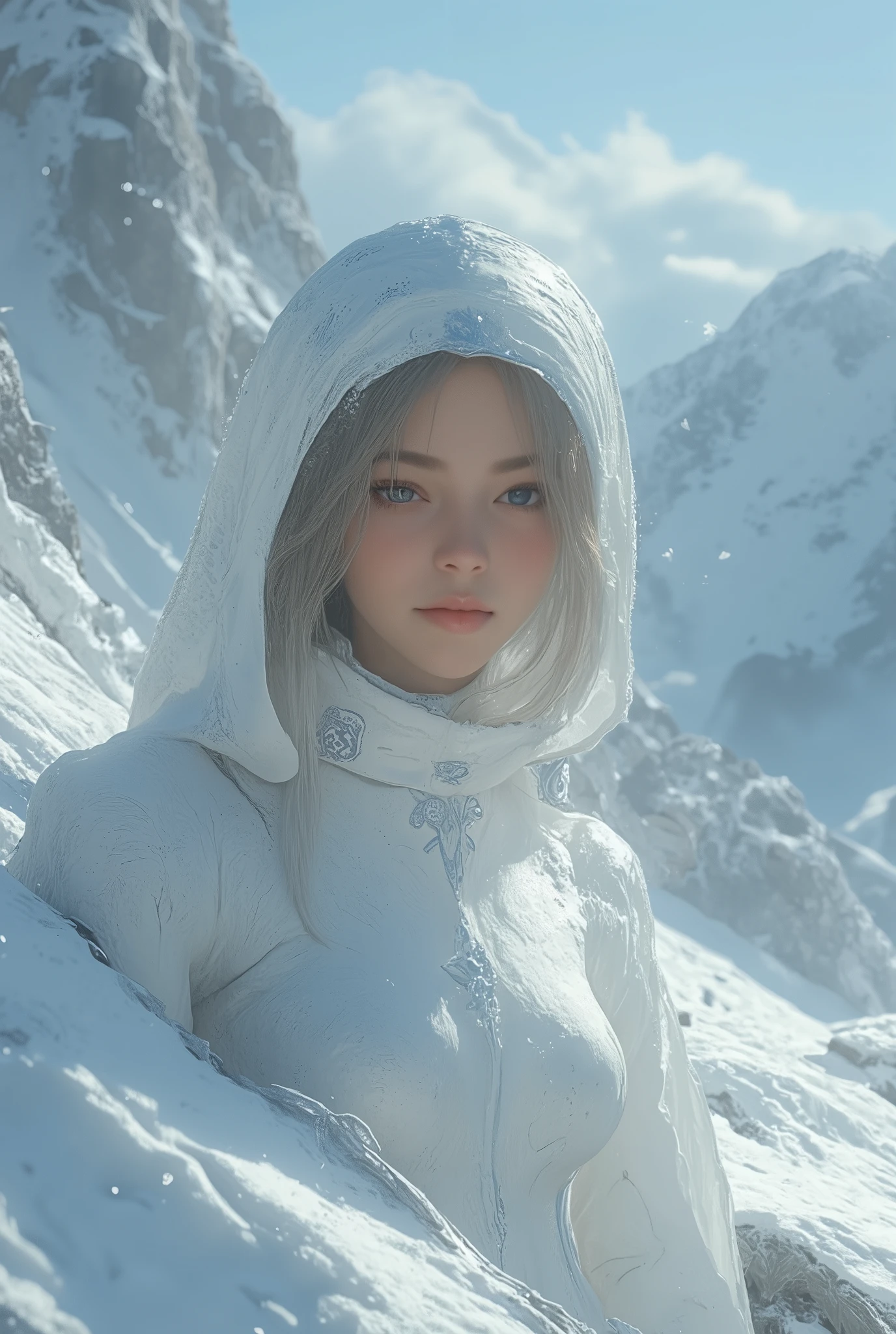 (ultra Realistic) , (illustration), (Enhance resolution), (8k), ( Extremely Detailed), ( detailed face ), Slim Body, in the dark , deep shadow, low profile, pureerosfaceace_v1, Happy smile, Winter, Mountain