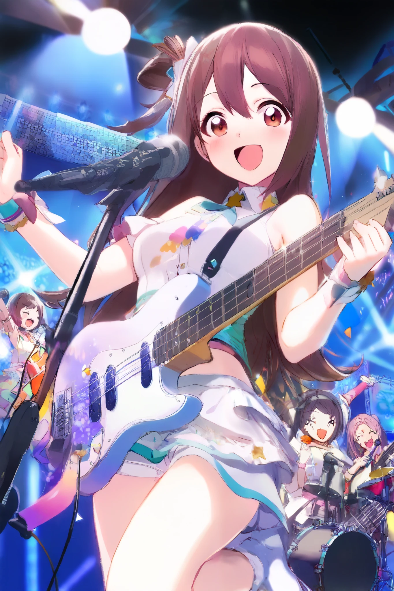Anime Girl Band, Cute and Cheerful, Colorful Stage, Bright Spotlights, Happy Expressions, Musical Instruments, Electric Guitar, Bass, Drums, Keyboard, Microphone, Stylish Outfits, Dynamic Poses, Energetic Performance, Singing and Playing, Sparkling Effects, Glow Sticks in the Crowd, Festival Atmosphere, Friendship and Fun, J-Pop Idol Vibes, Kawaii Aesthetic,