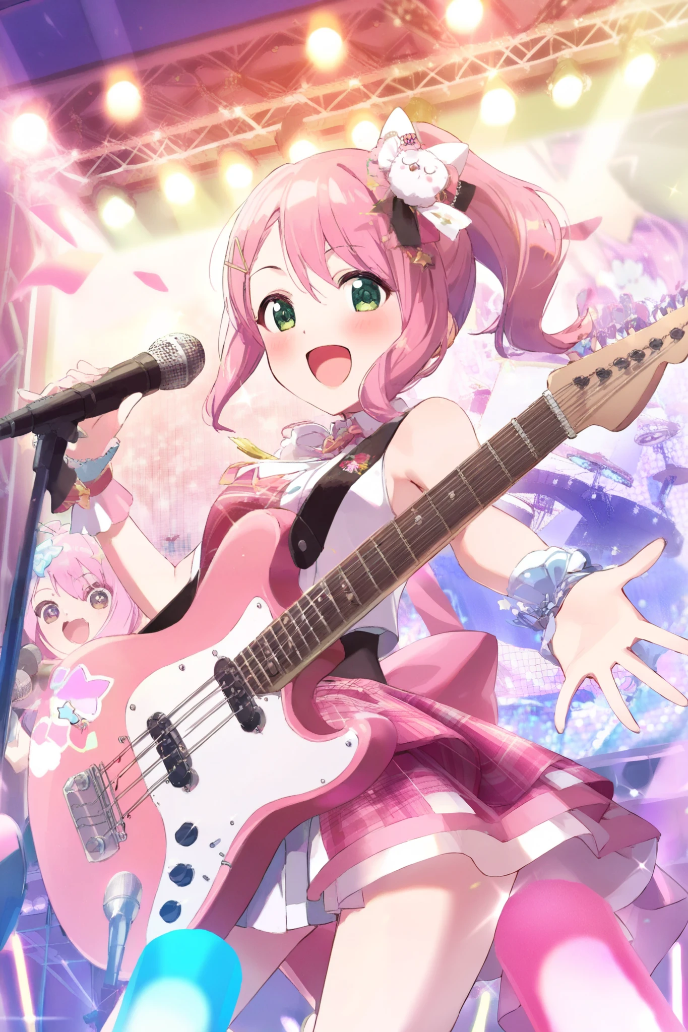 Anime Girl Band, Cute and Cheerful, Colorful Stage, Bright Spotlights, Happy Expressions, Musical Instruments, Electric Guitar, Bass, Drums, Keyboard, Microphone, Stylish Outfits, Dynamic Poses, Energetic Performance, Singing and Playing, Sparkling Effects, Glow Sticks in the Crowd, Festival Atmosphere, Friendship and Fun, J-Pop Idol Vibes, Kawaii Aesthetic,
