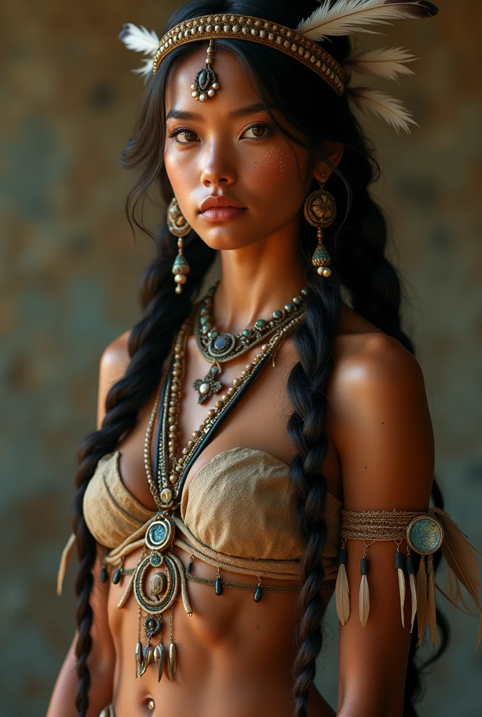 ((Zendaya is a native American woman)), ((who wears the typical clothes of a squaw)), (sie sitzt auf einem Stein an einem See), ((schlanke frau)), (kleiner Kopf), ((natural skin texture)), ((she has small round breasts)), ((Ausdrucksstarkes detailliertes Gesicht)), (fotorealistisch), (Raytracing), (scharfer Fokus), ((underboobs))