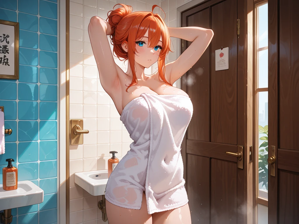 masterpiece, best quality,8k wallpaper, from side,nishikino maki, a girl standing under shower, closed eyes ,big breasts ,naked,wet,  hands on hair, standing ,cowboy shot  