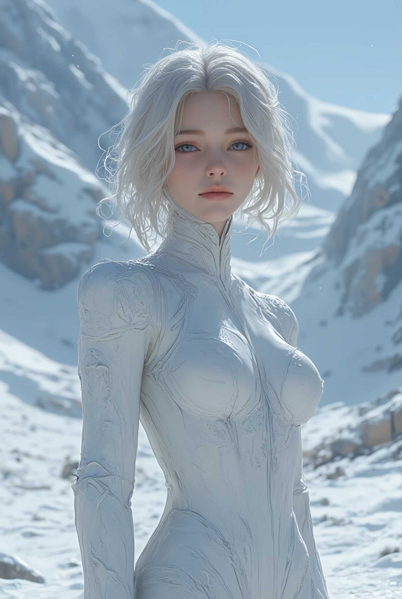 (ultra Realistic) , (illustration), (Enhance resolution), (8k), ( Extremely Detailed), ( detailed face ), Slim Body, in the dark , deep shadow, low profile, pureerosfaceace_v1, Happy smile, Winter, Mountain