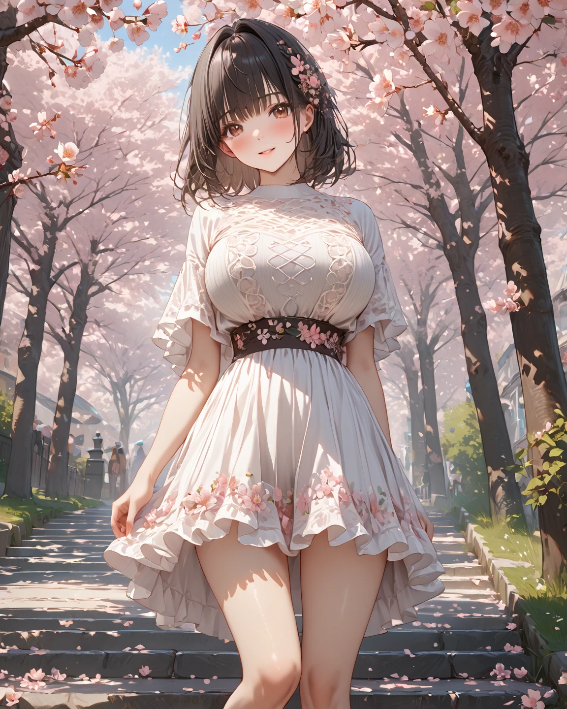Sister wearing a mini wedding dress under the cherry blossom tree, cherry blossom petals dancing, beautiful eyes, eye shadow, red lipstick, beautiful bride, cleavage, bare feet, masterpiece