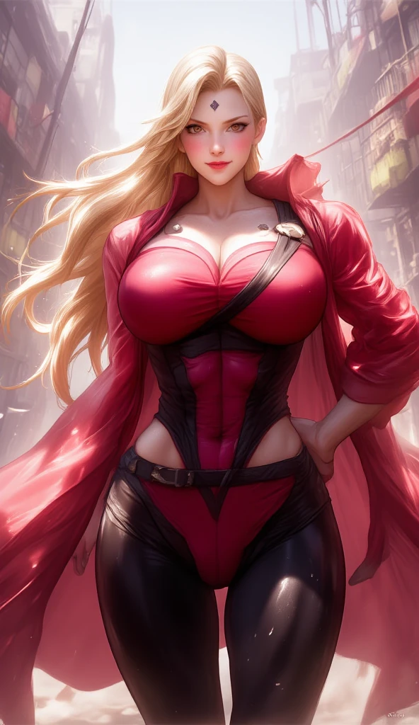 1girl,Alicia Viewsrtream, blonde hair, wavy hair, long hair,red lips,red impossible clothes,red elbow gloves,red thigh boots,cape,incredibly absurdres,Volumetric Lighting,moody lighting,thighs,realistic,reality,hetero,smug,fighting_stance, best quality:1.4, intricate details, sharp focus, highres, eleborate atmosphere:0.90, 8K, 4K, UHD, 32k UHD resolution, realistic photo, professional photography, Ultra Detailed 8K CG, ultra high res, High quality texture, High quality shadows, vivid colors, HDR, space station, windows, military officers,