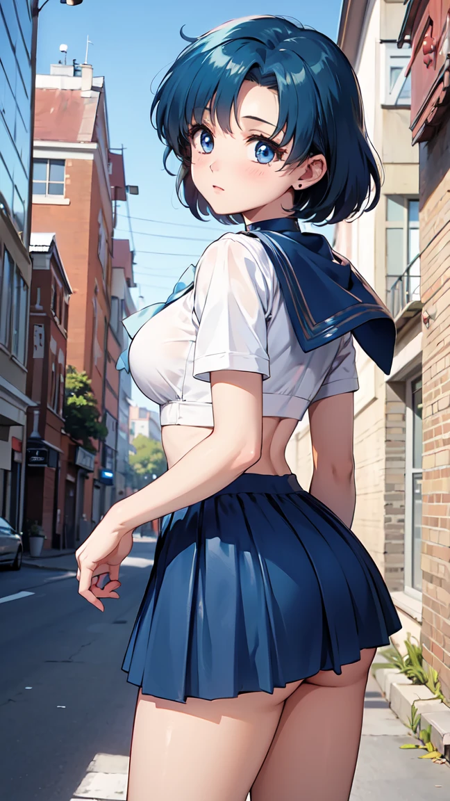 high school,Poolside,sun,1 girl,boyish,short hair,Black Hair,blue eyes,smile,Serious face,blush,Sweaty,Wet,Summer uniform,mini skirt,Cowboy shot with hands on hips,From below,Big Breasts,