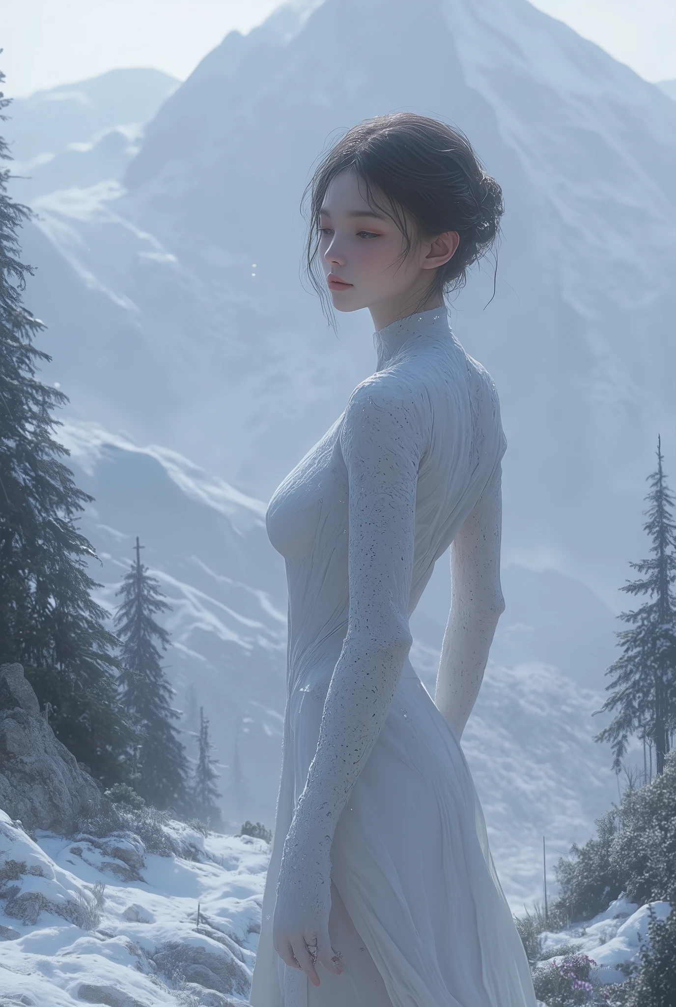 (ultra Realistic) , (illustration), (Enhance resolution), (8k), ( Extremely Detailed), ( detailed face ), Slim Body, in the dark , deep shadow, low profile, pureerosfaceace_v1, Happy smile, Winter, Mountain