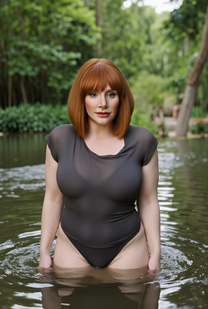 Full body shot of Anette O'Toole as with very large breasts in a skimpy sexy outfit with red high heel shoes. Standing outside the Barrens sewer entrance in Derry Maine
