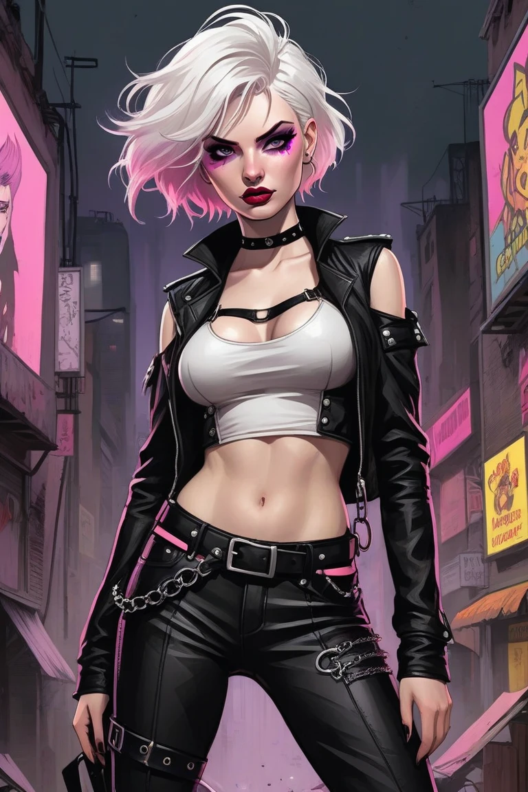 Barbie style CARTOON intimidating look short white hair brown eyes white skin leather pants leather sweetheart neckline top and leather booties