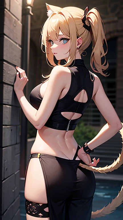 8K, 4k, highest quality, High resolution: 1.2), (masterful, realistic, Photoreal: 1.4), 1 woman,  Older sister's atmosphere、beautiful face, she has a bright smile、open your mouth、Shining Lipin Eyes, beholder, Fair skin, white skin: 1.5), Fine complexion, big, big,  blonde hair、headband bangs, ,  young, s asack-view、big ass、super breasts、H cup、lower hair、Rear view、exposed nipples、T-back that digs into your butt、wear a white thong、emphasize the buttocks、ホワイトカラーのCalvinKleinTバック、CalvinKlein、cute long hairstyle、wear high heel boots、CalvinKleinの下着だけ、topless