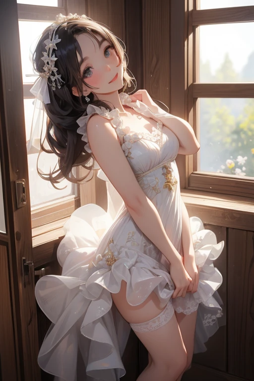 (nsfw), (perfect ???????, balanced proportions, extremely cute illustration:1.1), public restroom, brown hair, brown eyes, long hair, twintails, hair ornament, (arms behind head, armpits), (embarrassed, crying hard), (squatting, spread legs), (wedding dress:1.5), baby face, cute round face feminine body, well-proportioned, healthy figure, smooth skin, slender arms, soft curves, high-quality details, facing forward, eyes looking straight ahead,