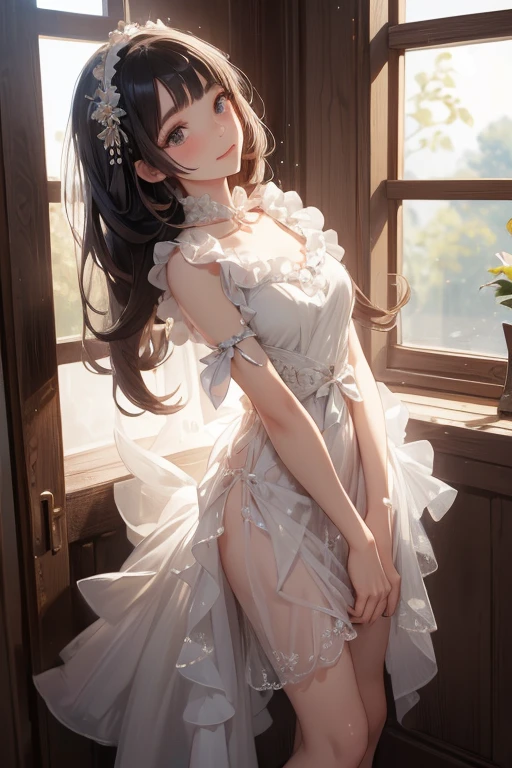 (software), masterpiece, highest quality, highres 64k, professional artwork, famous works of art, clean, cinematic lighting, beautiful eyes + detailed, beautiful hair + detailed, (cute young female body:1.4), (Cute little breasts), breastfeeding, Happy:1.3, smile:1.3, sexy looking at the viewer, sexy lips, floating hair,Anosillus ii, ((TFG1:1.5)), indoors, doorway, door open, From above