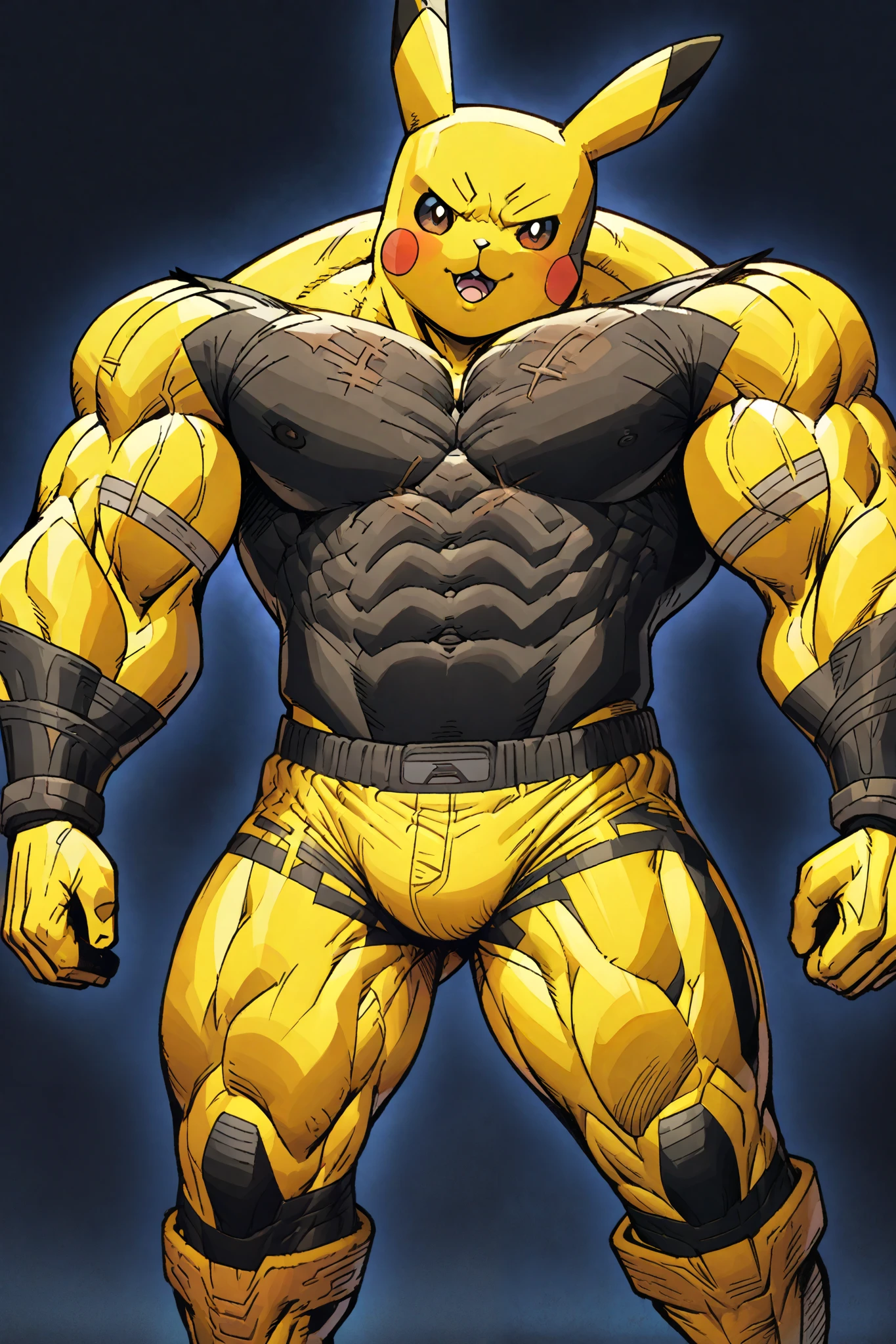 Pikachu exaggeratedly muscular, detailed eyes, prominent and dilated veins, alpha male, oily skin, huge pecs (huge: 2.5), sensual expression, nicebulge, sexy pose flexing biceps, huge ass, sexy expression, full body, wearing white thong (small, tight), on a sunny beach(palm trees, blue sky).