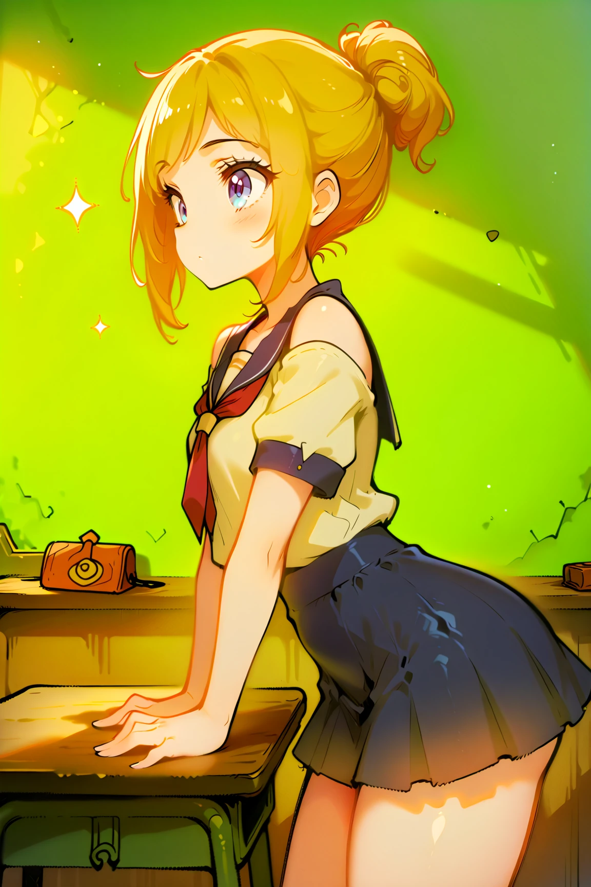 masterpiece, highest quality, High resolution, SV1, sailor warrior uniform, elbow bag, tiara, red bow, orange choker, orange sailor color, white gloves, jewelry, white leotard, outdoor, street, cowboy shot, butt, from behind, perfect face, perfect eyes, lips, blush, big breasts, towards the wall