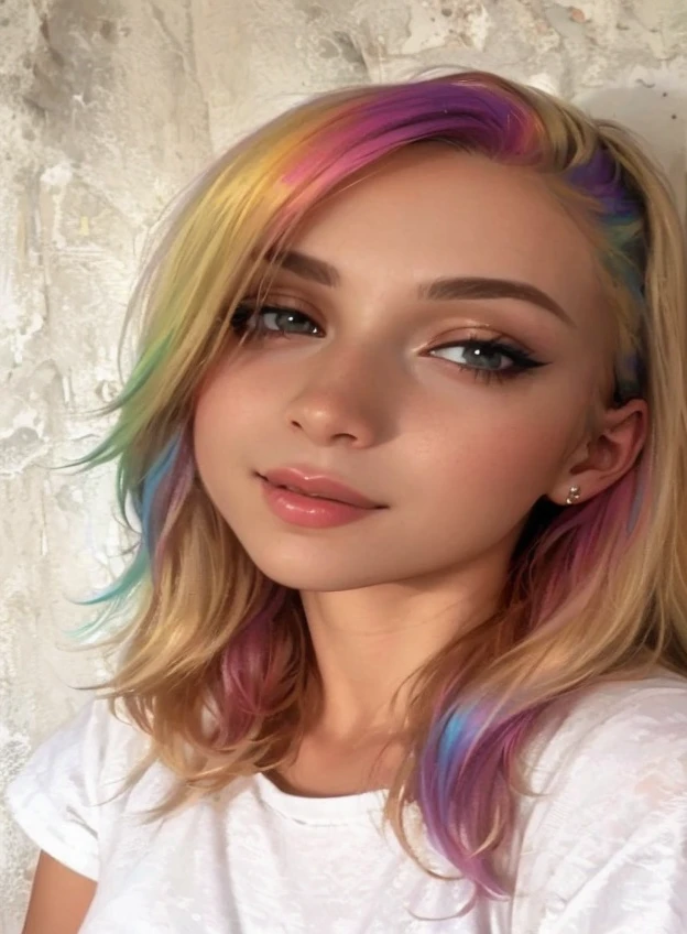 arafed woman with pink and green hair and hazel eyes, green and pink, wavy hair, colored hair, half & half hair dye, dyed hair, brightly coloured hair, two color hair, multicolored hair, half and half hair dye, pink and green, green hair, two tone hair dye, bright hair, with pink hair, colorful hair
