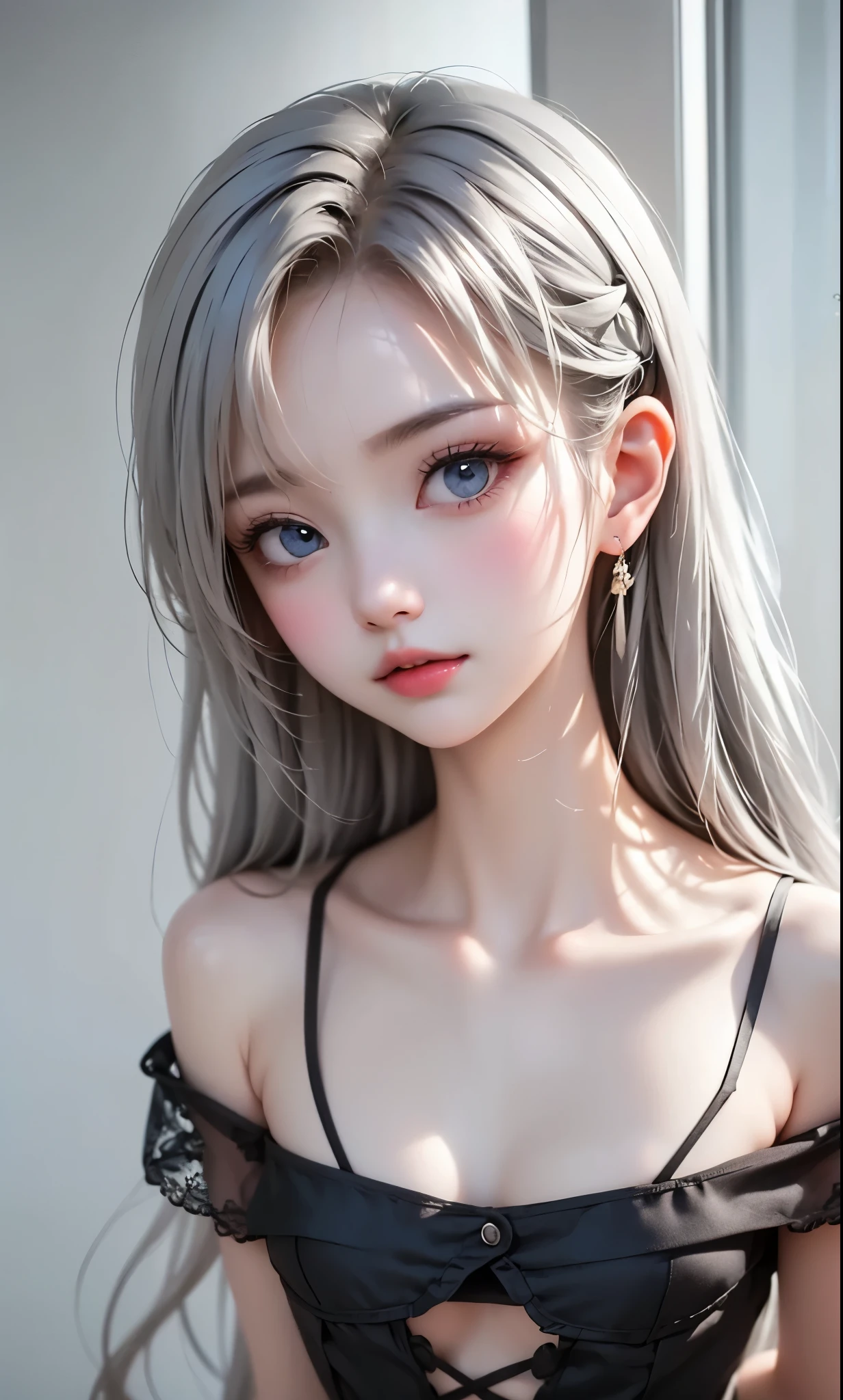 black and white color scheme, sexy girl ,immature , small,Silvery Curly Hair、sitting, upper body