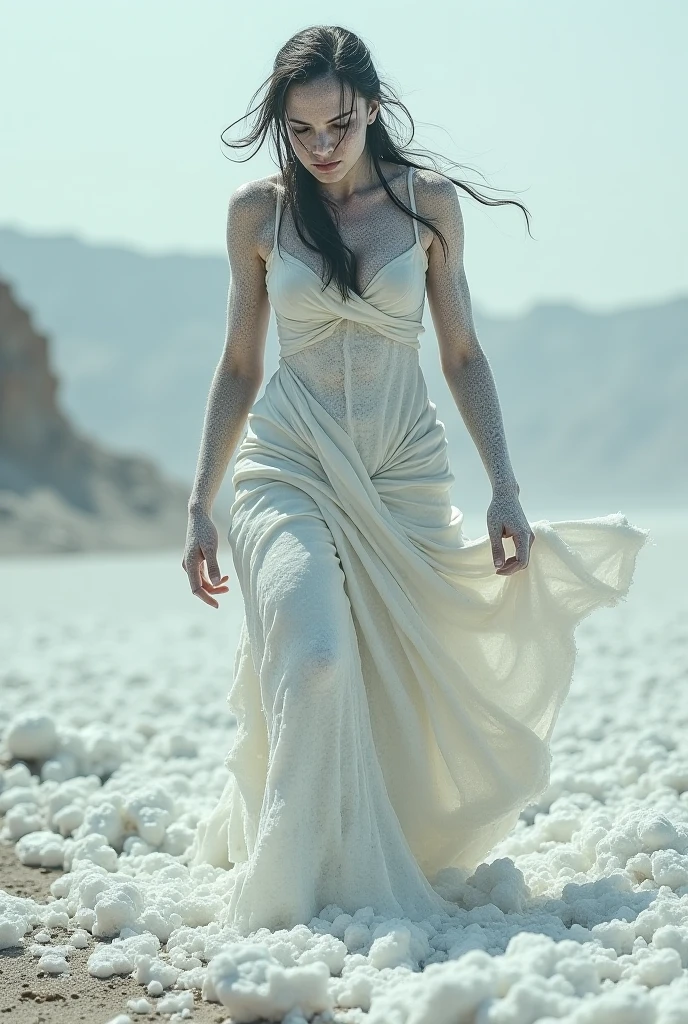 (Photorealism:1.1) desert, beautiful woman, Blue eyes, arabic facial features, black long hair, god, Long legs, bare legs, pose in gender turnover, gloomy atmosphere, black high rocks, long white dress, long train of the dress, Blood on the dress, barefoot, high detail, long shot, strong wind, sandstorm