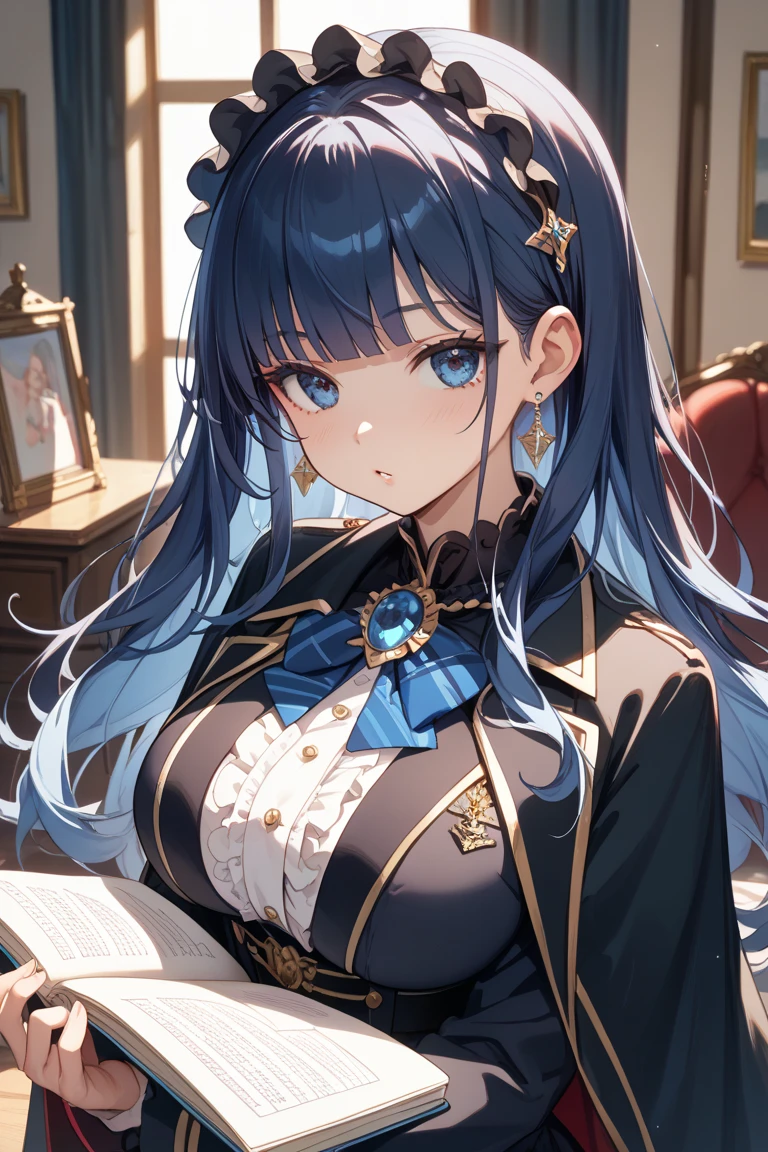 (((masterpiece、Highest image quality、highest quality、highly detailed unity 8kwallpaper)))、((Illustration of one girl、upper body))、(((beautiful girl)))、(librarian)、blue hair、(stocky build, thickset physique:1.3, broad shoulders, solid chest)、big breasts、librarian服、grand library