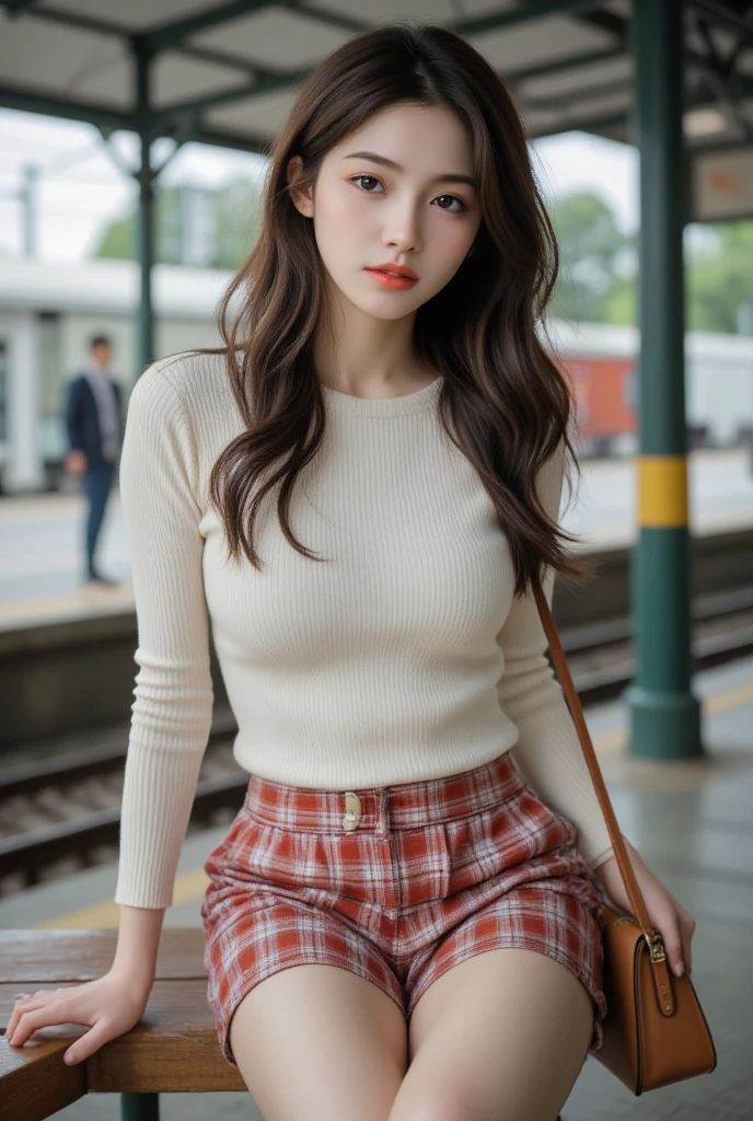 best qualtiy，tmasterpiece，超高分辨率，（真实感：1.4），RAW photogr，1girll，long whitr hair，Face Highlighting，Pure，Girly，Flushing，18yr old，18-year-old smiling female classmate，Pure，Innocent，（best qualtiy，8K，tmasterpiece:1.3），Goose egg face，largeeyes，long eyelasher，Exquisite（live-action realistic style），Star-like eyes，Ultimate face，Photorealistic light and shadow，Clear facial features，Milky white skin，Fair skin， highdetailskin， Realistic skin details， Visible Pore，（Super detail），（perfect bodies：1.1），long whitr hair，（dynamicposes），((Dynamic background((volumettic light：1.3))，huge tit，Goose yellow sweater，Red hip skirt，alps，snow mountains，chilly，standing on your feet，liberta，Dashing，long leges，Shunguang