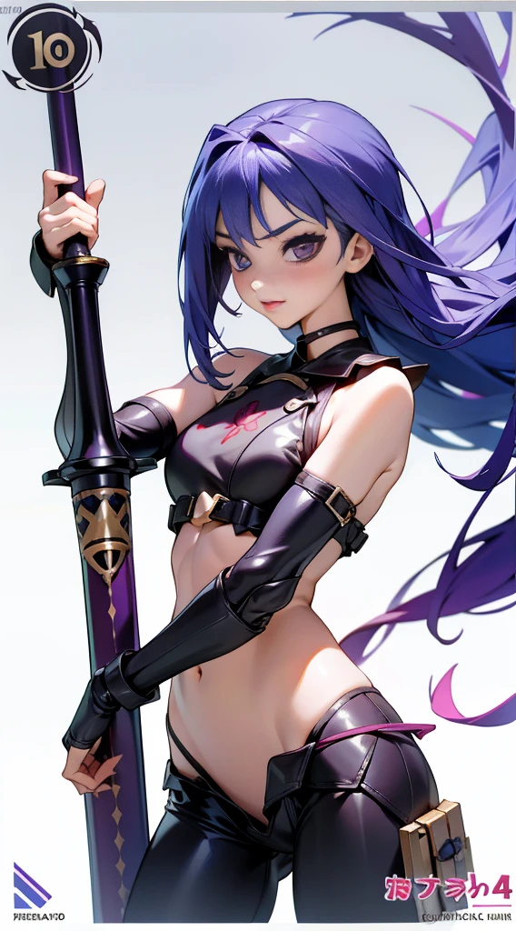 17 year old anime girl in war costume in violet lingerie and full body blue hair and red eyes very well defined face, carries an ice sword in her right hand, and an ice ray in her left hand

￼