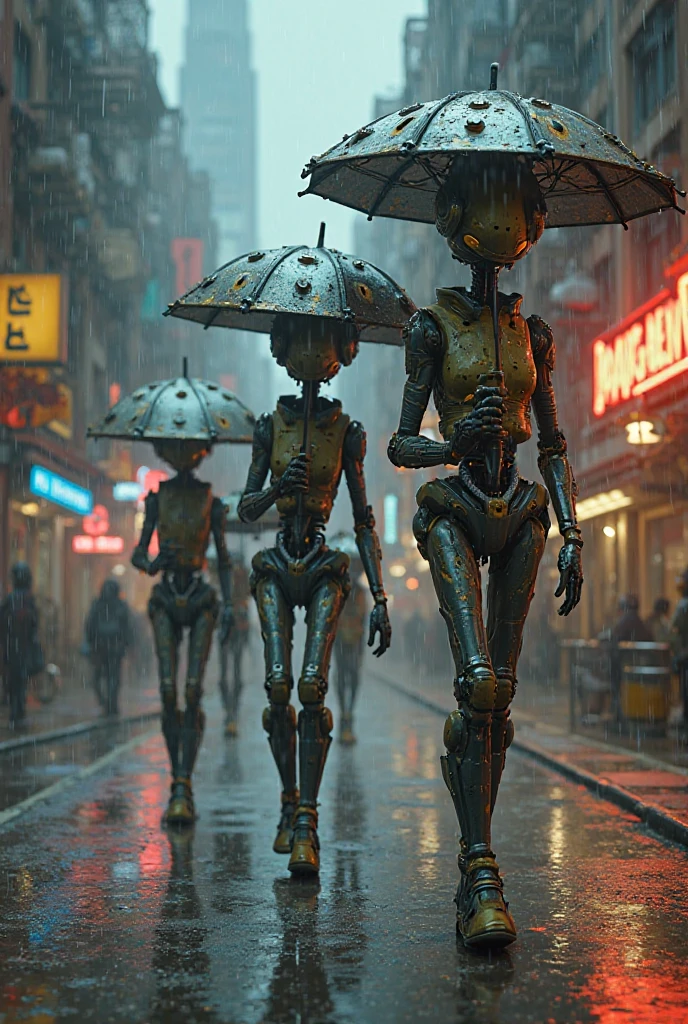 Robots in the rain with metal umbrellas