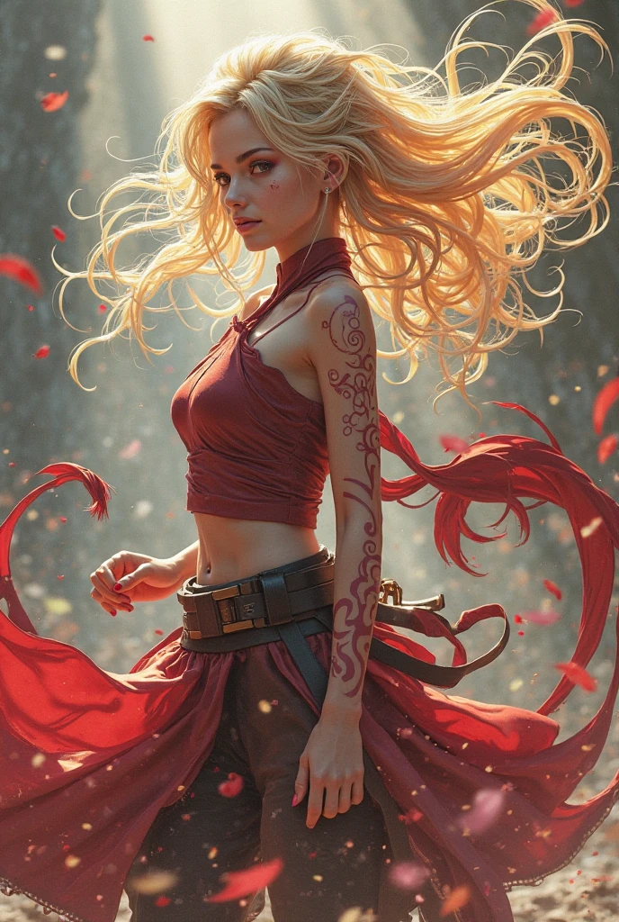 Female Naruto character with blond hair and red wiggles