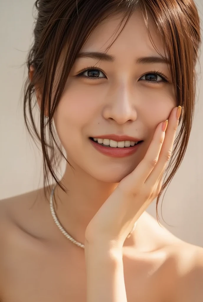 1woman, in hotel room, smiling, a close-up,smart shaped face, crystal clear white skin