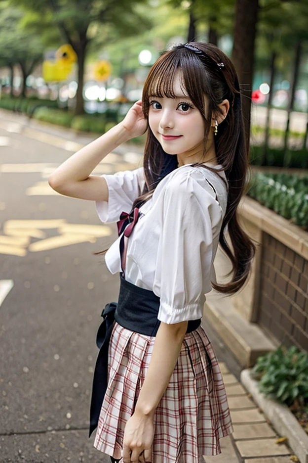 1. *hair*:
- Long and dark pink - Collected in two high pigtails with red bows.
2. *face*:
- Big golden eyes.
- Confident and playful expression.
- Wide and flirtatious smile.
3. *CLOTHES*:
- Tokyo Metropolitan Advanced Nurturing High School school uniform.
- Red jacket with gold details.
- White shirt.
- Black bow or tie.
- Navy blue skirt or similar, according to the .
4. *Accessories*:
- Red bows in hair.
5. *POSTURE*:
- POSTURE segura y relajada, possibly with a hand on the hip or pointing a finger, like in the image you provided.