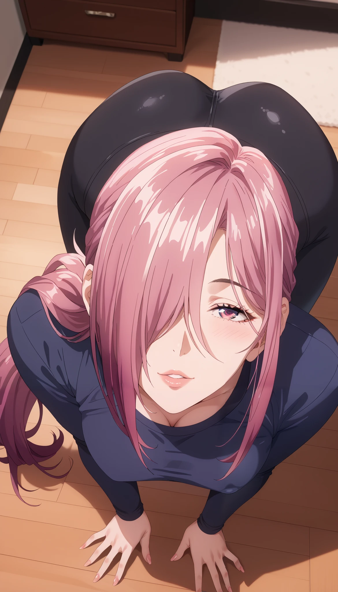 Fraction_9, Fraction_8_up, Fraction_7_up, Fraction_6_up, Fraction_5_up, Fraction_4_up, source_ Japanese Anime , , tag2, quality_ Masterpiece , anatomically accurate , beautiful face , perfect face , very delicate beautiful face and eyes , beautiful face , detailed face , Beautiful facial features , detailed skin , wide hips , big butt , big butt , thick legs , sensual woman ,kiki-tenpuru,Mature Woman , Mature WomanMature Woman, Motherly, Seductive, Awkward, shy, Kyahaha!, LIVING ROOM EYES , ponytail hair ,pink hair ,Eyes covered by bangs, one eye covered by hair,BLACK YOGA PANTS BREAK RATING _Explicit , Erection under clothes , high angle , Looking up , top down , Leaning forward , face focus , is well maintained clothes