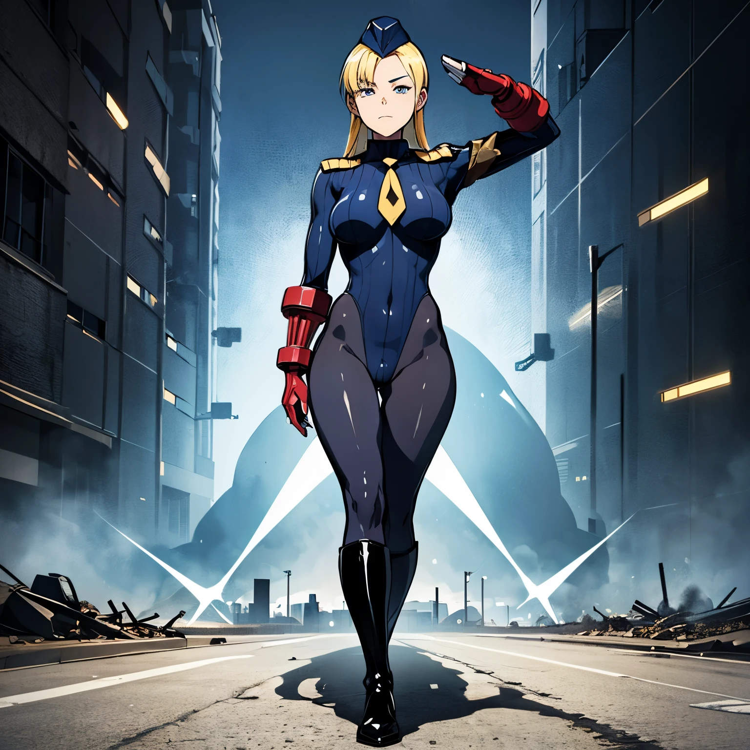 ultra-detailed, Explicit, Beautiful body, Beautiful Nose, Beautiful character design, perfect eyes, perfect face, ultra highres, 4K, beautiful legs, perfect legs, Nice hands, Perfect hand, Masterpiece, Best Quality, Highly detailed, illustration, absurdres, perfect anatomy, street fighter, doll suit, shadaloo doll, dollsuit, expressionless, blank eyes, looking at viewer, red gloves, emotionless, black latex, corruption, mind control, female combatant, full body, hypnotized, unhappy trance, full body suit, both arms at side, obey, perfect female body, extremely glossy latex, hypnosis, hypnoLora, empty eyes, Mind control device, poses, Slave, yellow necktie, latex, Fighting Stance, military, thigh boots, black pantyhose, dark persona, (((pixel-perfect, detail-perfect))), solo, 1girl, hair ornament, submissive pose, seductive pose, very long hair, Long hair, blonde hair, blue eyes, bang, medium breast, (((city background, apocalyptic background, saluting, salute, military saluting)))
