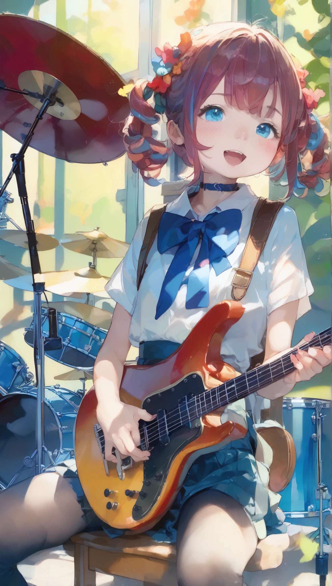 anime girl band、drums、guitar、 based、 trite 、cute girl band