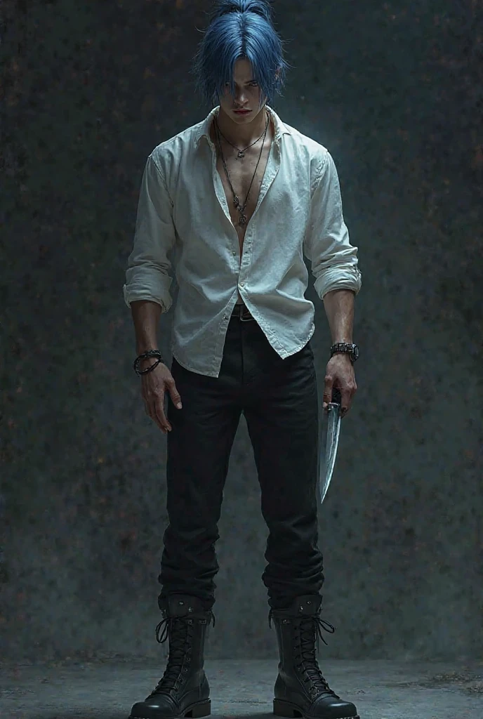 A guy with light green hair, a bit big and a bit messy, with red orange eyes with yellow pupils, wearing a light blue shirt, black pants with a wide brim, Nike sneakers and gloves showing the finger with Cross Necklaces, very white skin with a sharp metal in his hand with a threatening look with a shadow between his eyes.