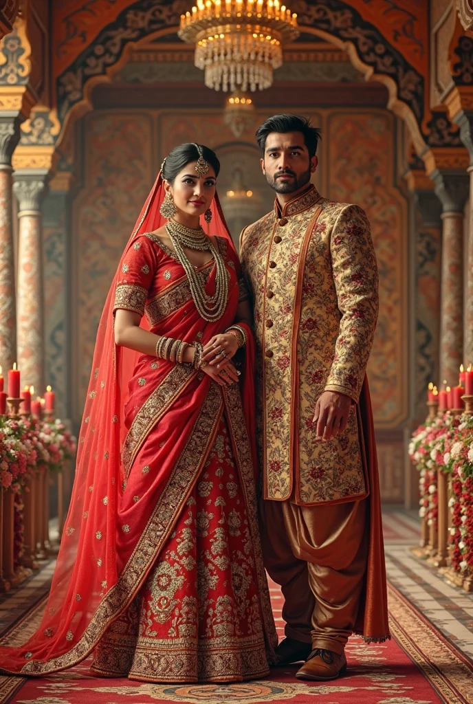 2. **Maharaja Vikram Singh aur Rani Champavati:**
   - *Prompt*: "A majestic king, Maharaja Vikram Singh, dressed in royal attire with a stern, brave expression, standing beside his beautiful queen, Rani Champavati. The queen is depicted as graceful and kind-hearted, adorned in traditional Rajasthani attire, with a gentle and wise expression."