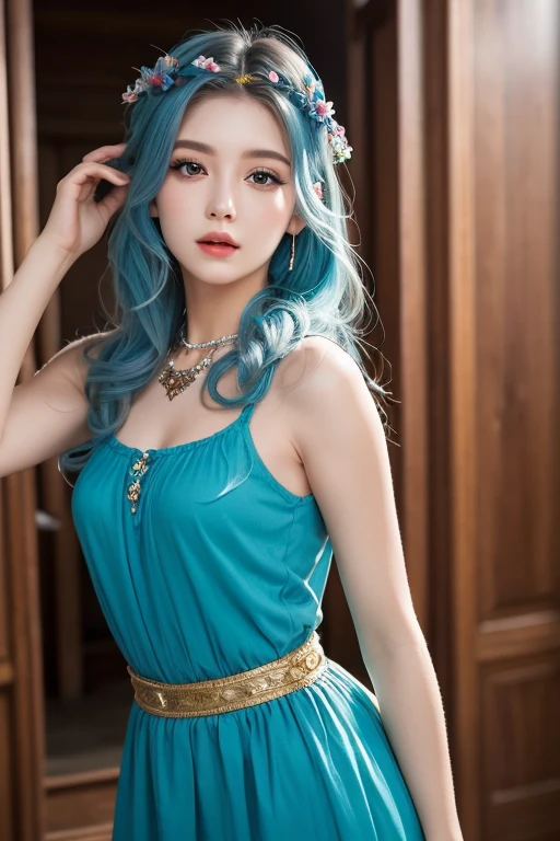 masterpiece, best quality, extremely detailed, hyperrealistic, photorealistic, a shot from head to knee:1.1, a pretty egyptian girl, ultra detailed face, light blue hair, gritting her teeth, crossed arms:1.2