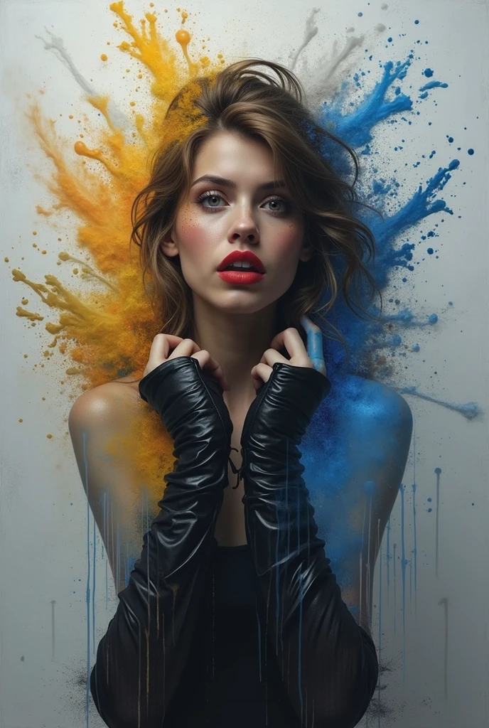 A woman with sun-kissed skin and tousled blonde hair is creating street art in a full body shot from a slight high angle. She is wearing paint-splattered overalls over a crop top, showing glimpses of her fit body. The background is a colorful urban street with graffiti in high detail and perfect anatomy. It's late afternoon with a creative, vibrant mood and tone, and the lighting is warm and contrasty, (street art pose: 1.3), (paint-splattered revealing outfit: 1.8), (perfect anatomy: 1.5), (late afternoon: 1.6), (creative vibrant mood: 1.7), (warm contrasty lighting: 1.8).