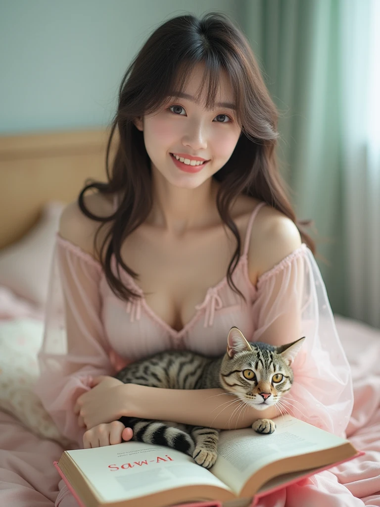 8K、Top image quality、​masterpiece、An 18-year-old woman、Sitting on the sofa with calico in arms、(Cat licks her face:1.2)、Express happy time with cats with poses and facial expressions、PINK Underwear、Cinematic lighting