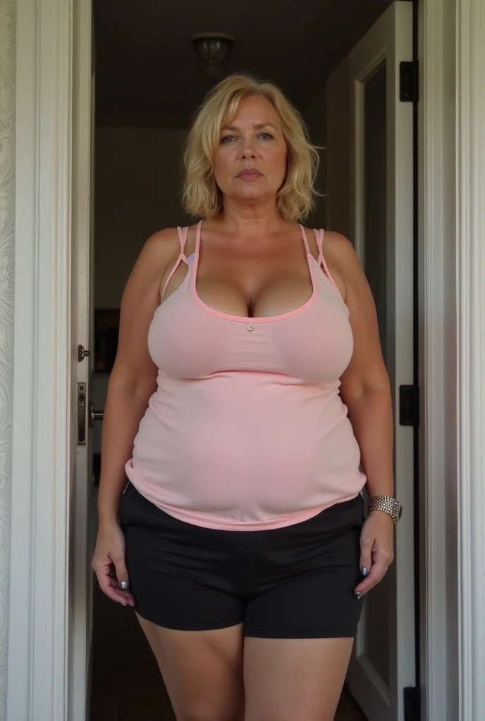 Best quality, 8k, 32K, Masterpiece, UHD:1.2), Beautiful woman, 50 years old, fat body, tight red t-shirt, light blue shorts, natural skin, Tantalizing look on her face, very small tits, looking at the camera, blonde hair tied up with gray hair.