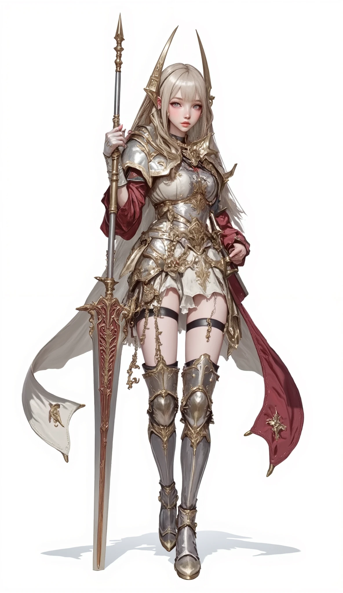 (Masterpiece:1.5),(Top Quality:1.3),(Amazing Quality:1.3), (Anime Characte:1.3r), ((nsfw)), Solo, Full Length, Chiara, 1 Girl, ((Sexy cute woman:1.5)), White Skin, Silver Gauntlets, Silver Boots, Western sexy Armor, Shining Clothes, gleaming decorations, ((with gigantic spear type weapon:1.6)), ((sword dance:1.5)), (Wielding a weapon:1.5),pulsatile, The best of the Middle Ages, Female warrior, ready to fight, glamorous, blond hair, gothic dress, muscular body, sophisticated and glittering medieval armor, beautiful, very precise and delicate animation, vivid colors, unreal world, fantasy delusion, ((full body view)), (((not background, White background))),