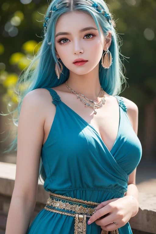 melhor qualidade, obra de arte, (fotorrealista:1.4), 1 garota, ((aqua-blue long hair, aqua blue hair, bright blue eyes)), cute, (Sorriso grande), wonderful girl, gorgeous body, pink lips, pink top blouse, skirt, star earrings, dynamic pose, iluminação dramática, de baixo, global illumination, in a modern white room.