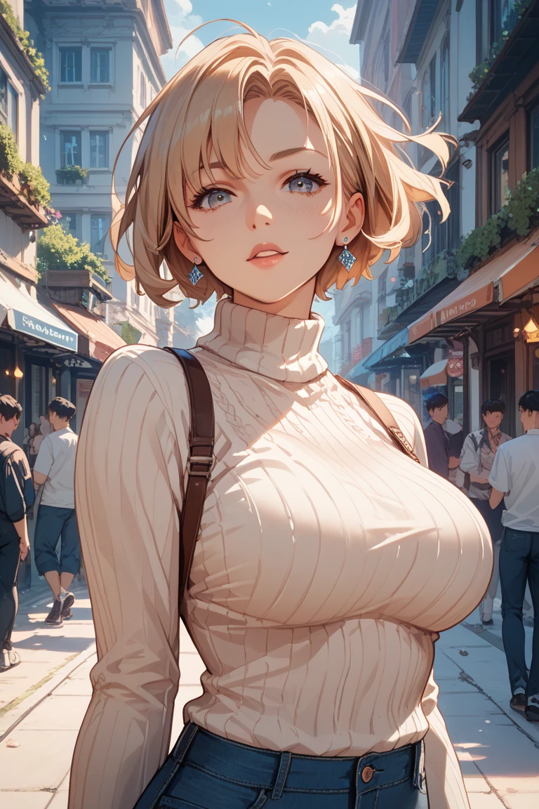 (NSFW)、((Highest quality、Very detailed、Beautiful lighting、Detailed face、Detailed eyes、masterpiece))、(Blonde、Blue Eyes、short hair、Wavy Hair、hairpin、Earrings、necklace、bracelet)、(eight-headed body、Beautiful legs、Large Breasts)、(white tight sweater、turtleneck、mini skirt)、((Hot sunshine、Sweating profusely、Wet、Heat))、((Body odor))、(Detailed Background、London cityscape、Full body photo、A scene from a movie)、The best smile、fun