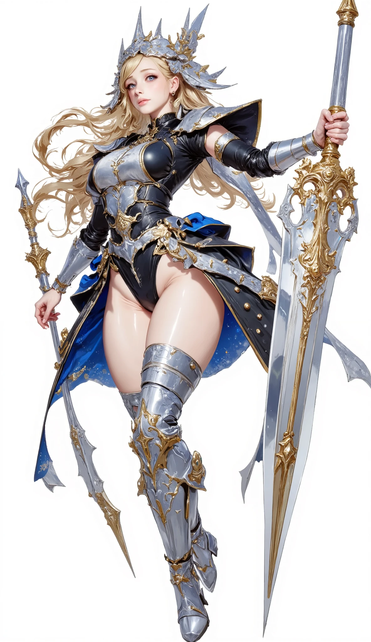 (Masterpiece:1.5),(Top Quality:1.3),(Amazing Quality:1.3), (Anime Characte:1.3r), ((nsfw)), Solo, Full Length, Chiara, 1 Girl, ((Sexy cute woman:1.5)), White Skin, Silver Gauntlets, Silver Boots, Western sexy Armor, Shining Clothes, gleaming decorations, ((with gigantic spear type weapon:1.6)), ((sword dance:1.5)), (Wielding a weapon:1.5),pulsatile, The best of the Middle Ages, Female warrior, ready to fight, glamorous, blond hair, gothic dress, muscular body, sophisticated and glittering medieval armor, beautiful, very precise and delicate animation, vivid colors, unreal world, fantasy delusion, ((full body view)), (((not background, White background))),