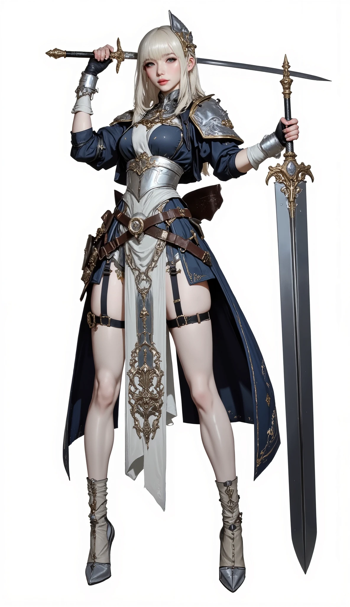 (Masterpiece:1.5),(Top Quality:1.3),(Amazing Quality:1.3), (Anime Characte:1.3r), ((nsfw)), Solo, Full Length, Chiara, 1 Girl, ((Sexy cute woman:1.5)), White Skin, Silver Gauntlets, Silver Boots, Western sexy Armor, Shining Clothes, gleaming decorations, ((with gigantic spear type weapon:1.6)), ((sword dance:1.5)), (Wielding a weapon:1.5),pulsatile, The best of the Middle Ages, Female warrior, ready to fight, glamorous, blond hair, gothic dress, muscular body, sophisticated and glittering medieval armor, beautiful, very precise and delicate animation, vivid colors, unreal world, fantasy delusion, ((full body view)), (((not background, White background))),